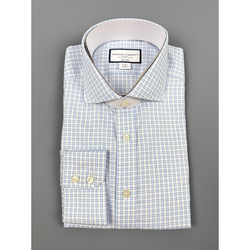 Charles Tyrwhitt Non-Iron Twill Check Slim Fit Shirt Cornflower Blue 16/35